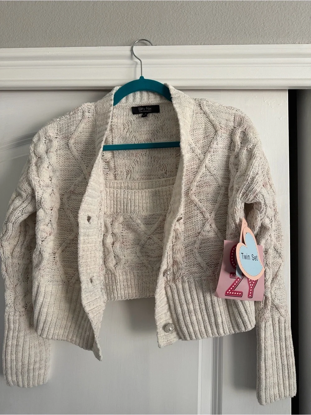 Cozy Cable-Knit Twin Set Cardigan & Camisole — Cream